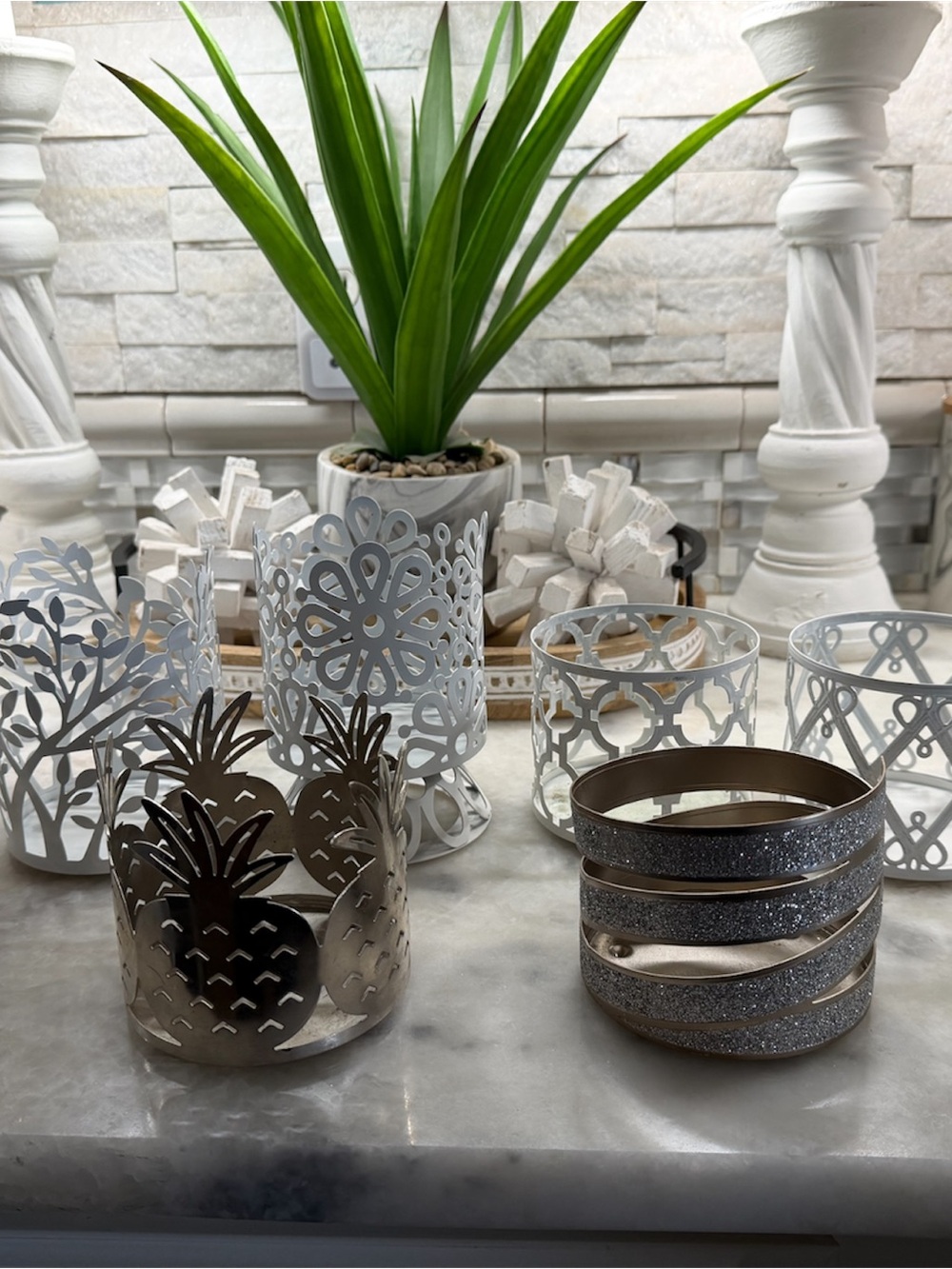 Bundle of 9–Bath & Body Works Silver & White Decorative 3 wick Candle Holders